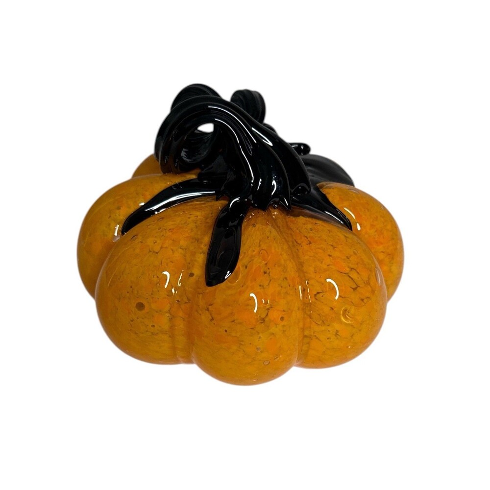 Hand Blown Art Glass Pumpkin Orange Bubble Black Stem Fall Decor 4"
